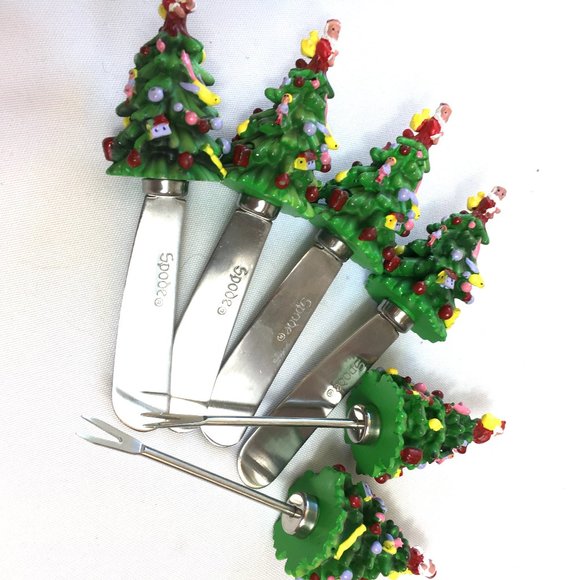 SPODE Christmas Tree Stainless Steel Canapé Cheese spreader Knives 2 Forks VTG - Picture 4 of 8